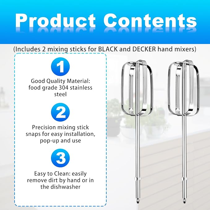 2pcs Hand Mixer Beaters Attachments Compatible with, Universal Stainless Steel Electric Hand Mixer Whisk Replacement for Cooking and Baking