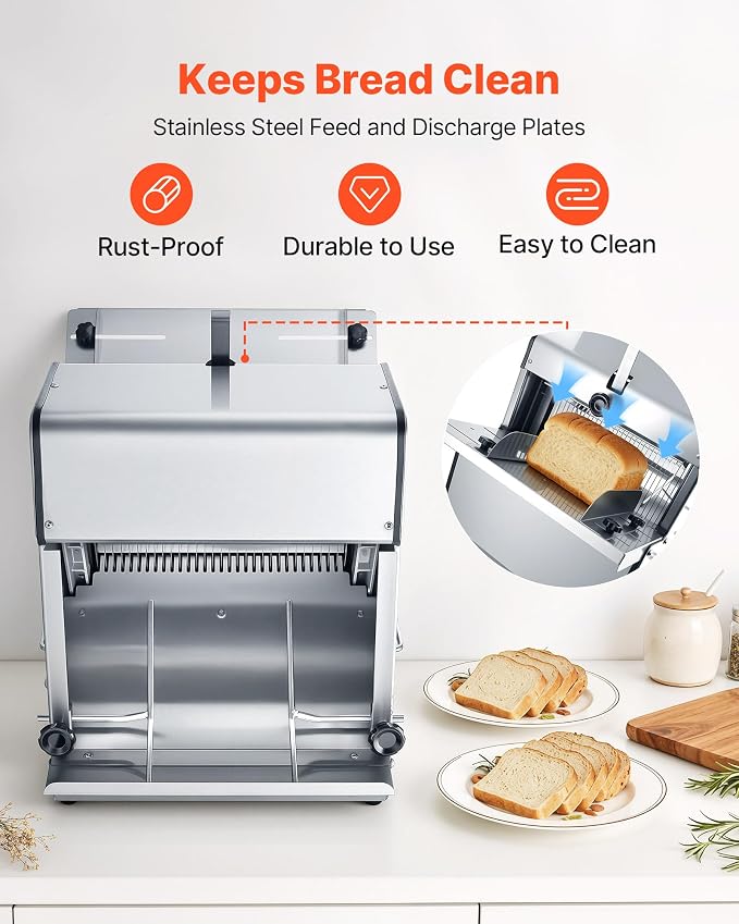 VEVOR Electric Bread Slicer, 370W 1680RPM Bread Slicing Machine, Stainless Steel Countertop Bread Cutter Machine for 12mm Slice Thickness, Commercial & Home Use for Bakeries Restaurants, 120V