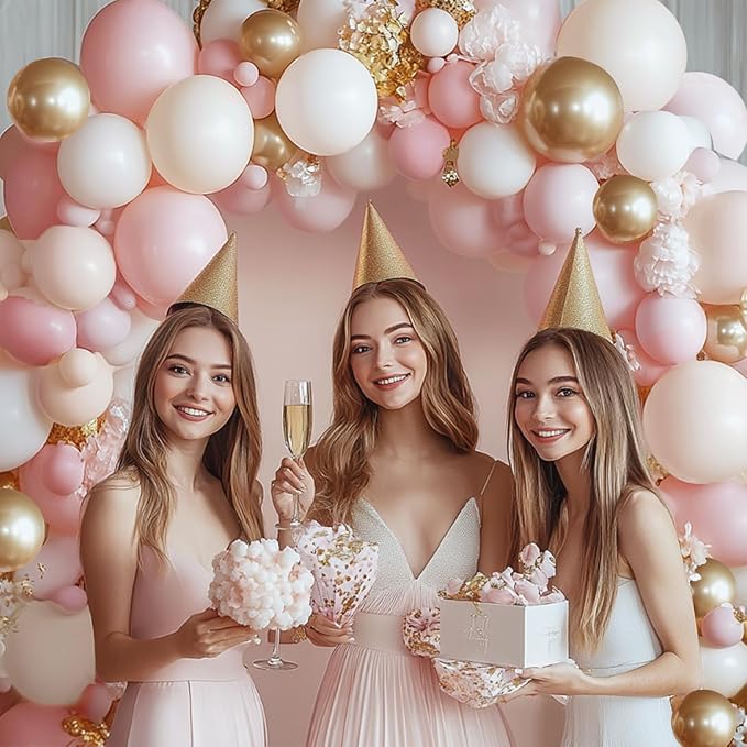Pink Beige White Balloons Arch Kit - 144 pcs Light Pastel Pink Beige Sand White Chrome Gold Bobo Balloons for Engagement Wedding Bridal Shower Birthday Princess Party Decorations