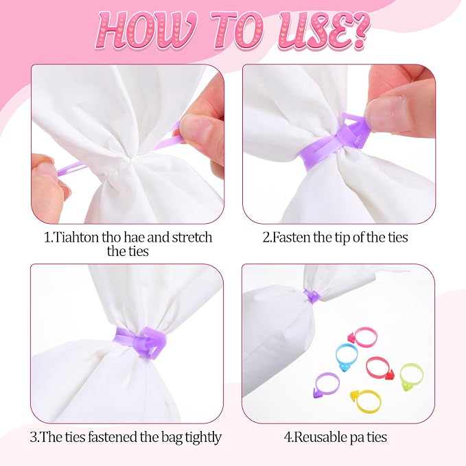 SULIKJHUI 60 Pcs Icing Bag Ties, Reusable Silicone Piping Bag Ties for Decorating, Flexible Non-Slip Pastry Bags Tie for Cupcakes, Cookies, Cakes, Easy Seal & Clean, Multi Color
