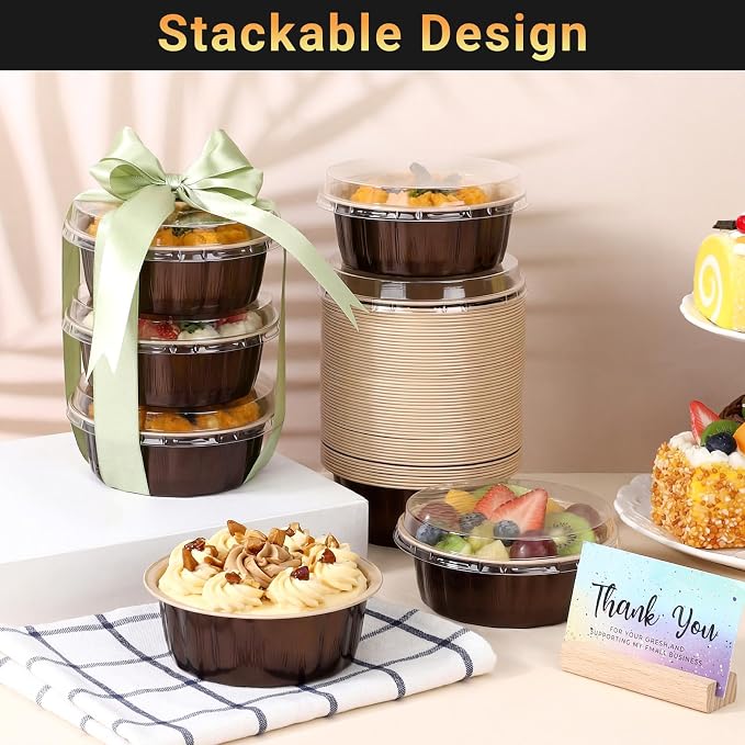 Beasea Disposable Baking Cups with Lids, 100 Pack 8oz Aluminum Foil Ramekins with Lids, 235ml Creme Brulee Muffin Cupcake Mini Pudding Baking Cups Tin for Party Birthday - Mocha Almond