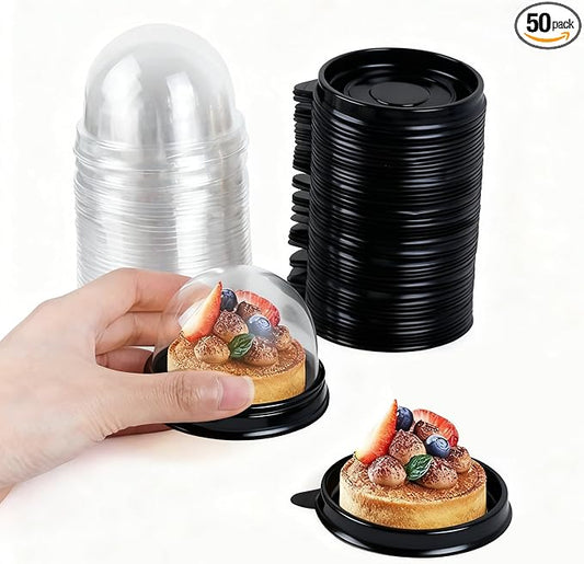 50Pcs Clear Plastic Mini Cake Box with Dome Lids, Mini Muffin Container Box Mooncake Dome Box Pastry Baking Packaging Boxes Wedding Birthday Gifts Supplies (Black Base)