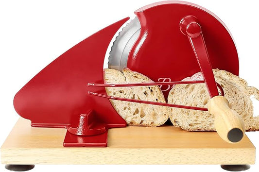 Brvclon Manual Bread Slicer for Homemade Sourdough,Adjustable Thickness,Hand Crank Bread Slicer with Stainless Steel Blade, Aluminum Alloy Frame & Solid Wood Base with Natural Wood Veneer Finish