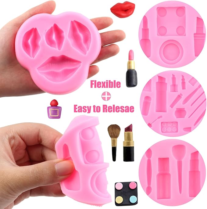 ZiXiang Makeup Theme Silicone Molds Valentine's Day Fondant Molds Kiss Lips Lipstick Perfume Eyelash Brush Mold For Candy Chocolate Cake Decorating Cupcake Topper Gum Paste Polymer Clay Set Of 5