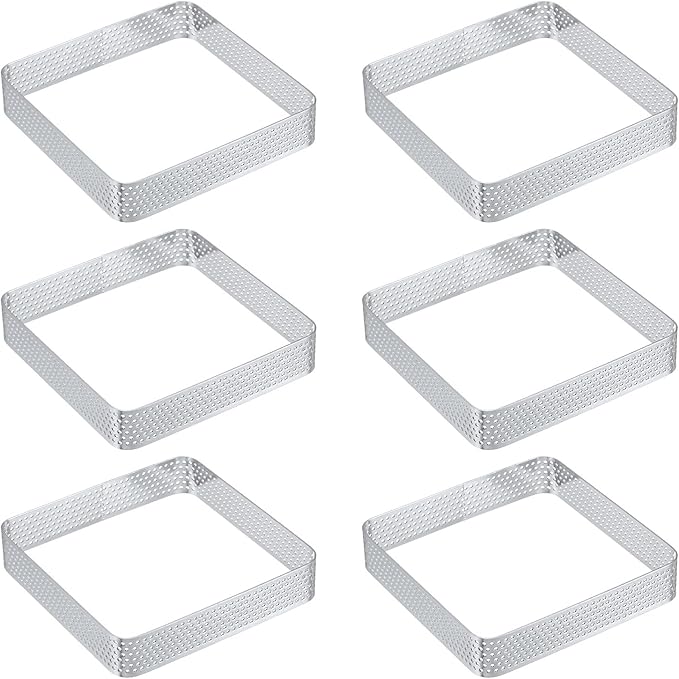 uxcell 6pcs Square Perforated Cake Rings 3.9 x 3.9 Inch Stainless Steel Cake Pastry Mousse Ring Molds for DIY Cake Dessert Mousse Pastries Baking, Silver Tone