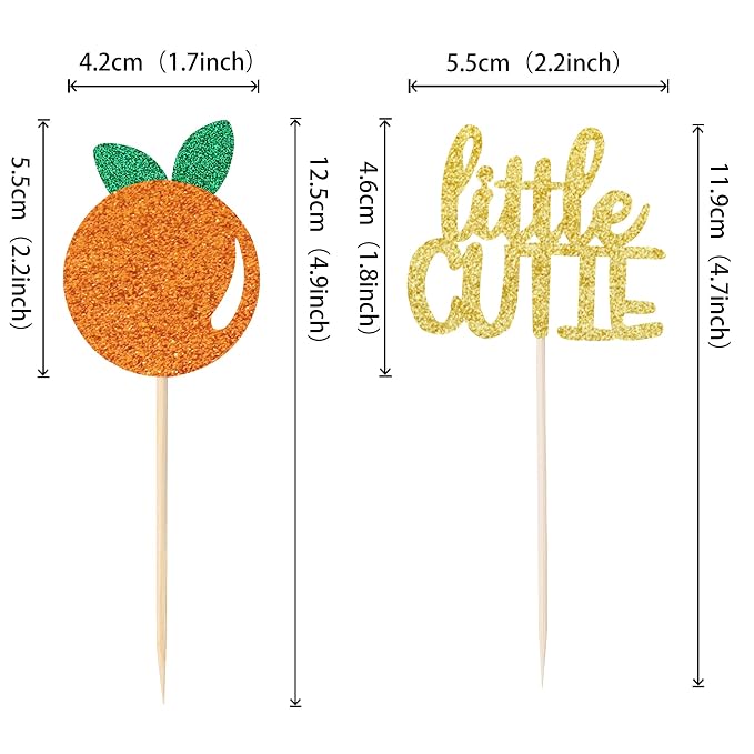 24 PCS Little Cutie Cupcake Toppers Glitter Orange Cupcake Picks for Citrus Theme Baby Shower Kids Birthday Party Cake Decorations Supplies