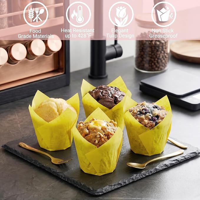 200 Pcs Yellow Tulip Cupcake Liners for Baking, Standard Size | Standard Greaseproof Tulip Muffin Liners for Baking, 3oz Yellow Paper Cupcake Wrappers for Party Wedding Birthday