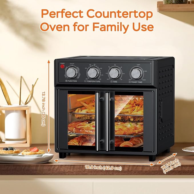 PlumChef 27.5 Quart Air Fryer Convection Toaster Oven, Black | Extra Large, 6 Slices, French Door, 1700W, Multifunction: Air Fryer, Toast, Grill, Defrost, Bake