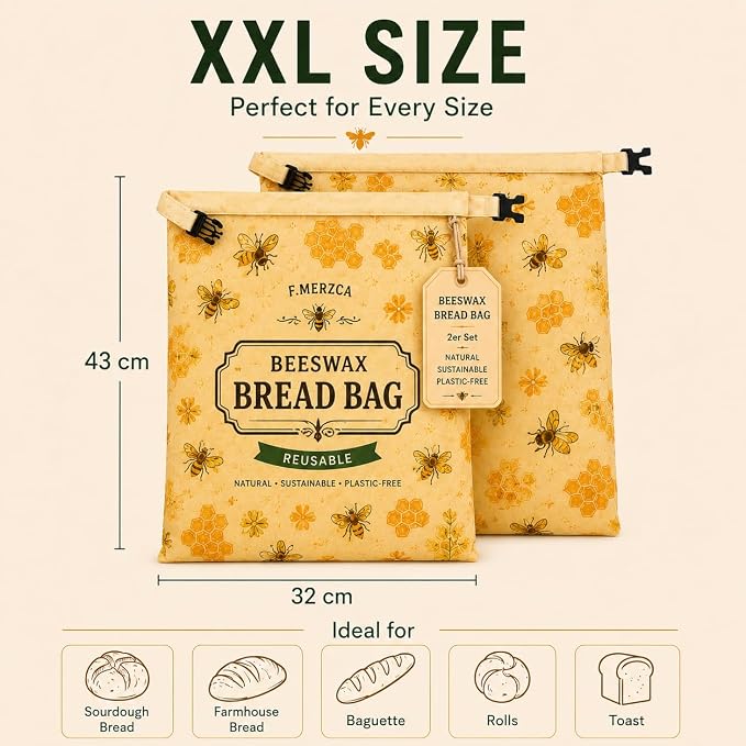 Beeswax Bread Bag 2 Pack, Reusable Linen Bread Bags for Homemade Bread, Extra Large Sourdough Bread Storage Bag, Natural Beeswax Lining Keeps Loaves Fresh Longer, Eco Friendly