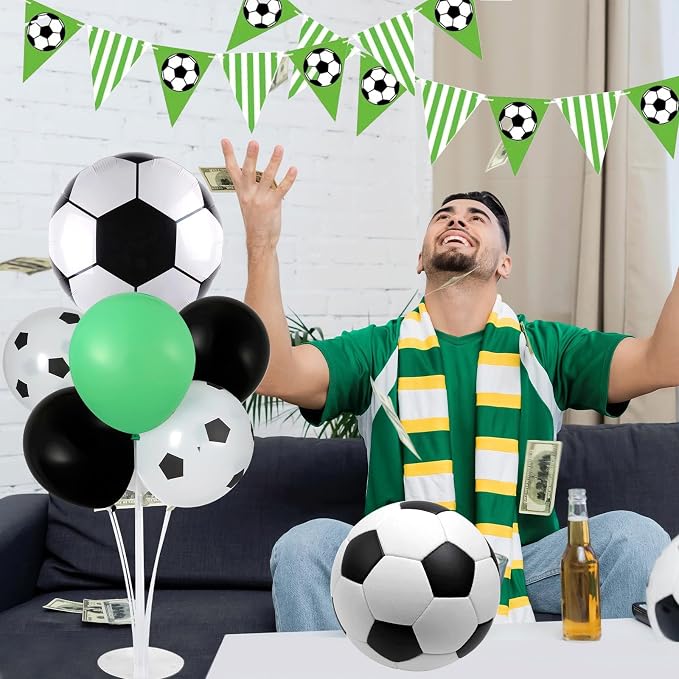 4 Sets Soccer Party Balloons Stand Kit with Soccer Foil Balloons Arch Kit Sport Themed Party Ball Balloon Centerpiece for Tables for 2026 World Game Sports Birthday Anniversary Baby Shower Decoration