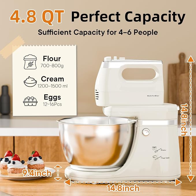 4.8QT 2-in-1 Stand Mixer, Electric Kitchen Mixer with Auto-Rotating Bowl & Tilt-Head, 5-Speed 250W Turbo Baking Machine for Beginners with Beater & Dough Hook for Cookie, Bread, Cake (White)
