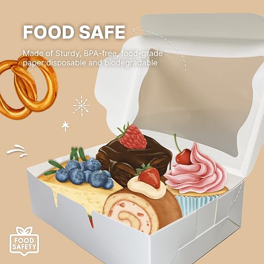 White Paper Bakery Boxes - 50-Pack Pastry Boxes with Window for Cookies, Chocolate Covered Strawberries, Macarons, and Muffins, Dessert Disposable Packaging, 8 x 6 x 2.5 Inches