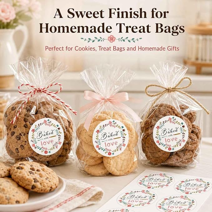Baked with Love Stickers for Bakery Packaging: Matte Paper Floral Round Labels for Homemade Cookies Bread Cupcakes Treat Bags Small Business Packaging 120 Count 1.6 Inch