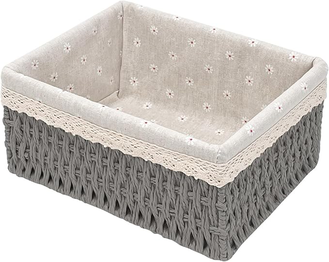 Large Wicker Storage Basket with Liner, Hand-Woven Paper Rope Rattan Organizer Bin for Pantry, Countertop, Bathroom, Bedroom, Shelves (Grey, L)