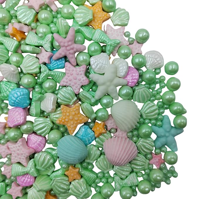 Homankit Mermaid Sprinkle Sweets Sprinkles for Baking Dessert Cupcake Cake Topper Starfish Shell Pearl Mermaid Candy Mix 3.53 Ounces Green