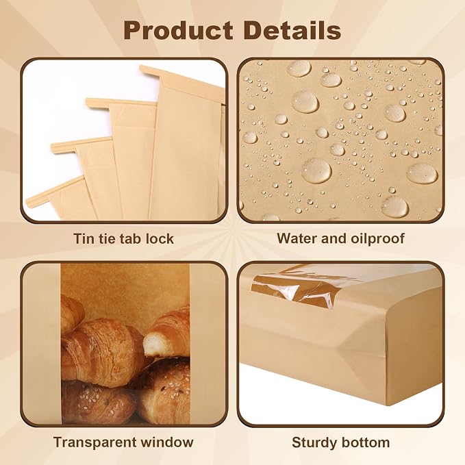 88 Pack Paper Bread Bags for Homemade Baking - Tin Tie Tab Lock Sourdough Bag, Large Loaf Packaging With Clear Window for Storage - 90 Label Seal Stickers for Bakery Use