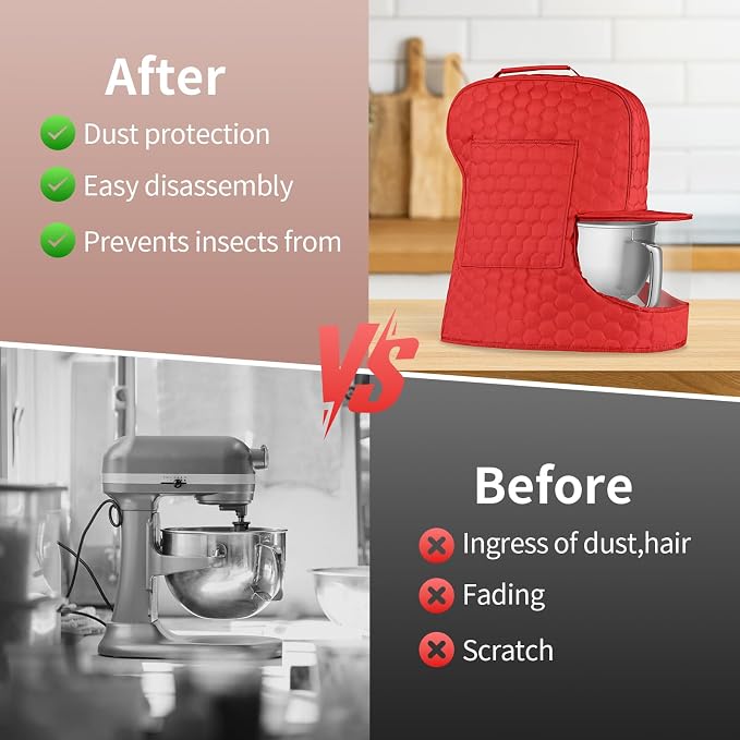 Stand Mixer Dust Cover Compatible with KitchenAid Mixer - Storage Bag for 6/7/8 Quart Bowl Lift with Pockets for Accessories and Attachments(Red,Fits for 6-8 Quart）