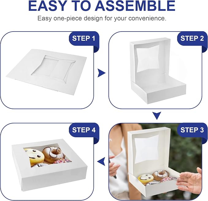 MT Products White Cookie Box 8" x 8" x 2.5" - Auto Pop-Up Bakery Boxes with Window (Pack of 15) - Made in USA