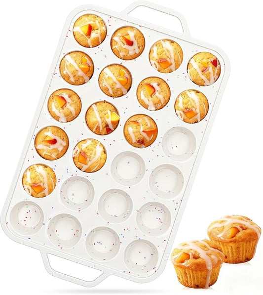 Vinino Mini Muffin Pan with Metal Reinforced Frame-1Pack, Silicone Cupcake Pan for Baking 24 Cup Mini Size, BPA Free Silicone Muffin Tray, Cupcake Baking Pan Molds for Oven Dishwasher Safe-Cream