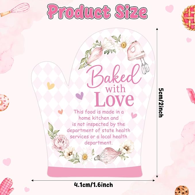 PANTIDE 500 Count Baked with Love Cottage Food Law Labels Stickers (Pink) | Flower Adhesive Oven Mitt Shaped Decal Roll, Made in A Home Kitchen, Inspection Statement Thermal Printed, for Food Packaging