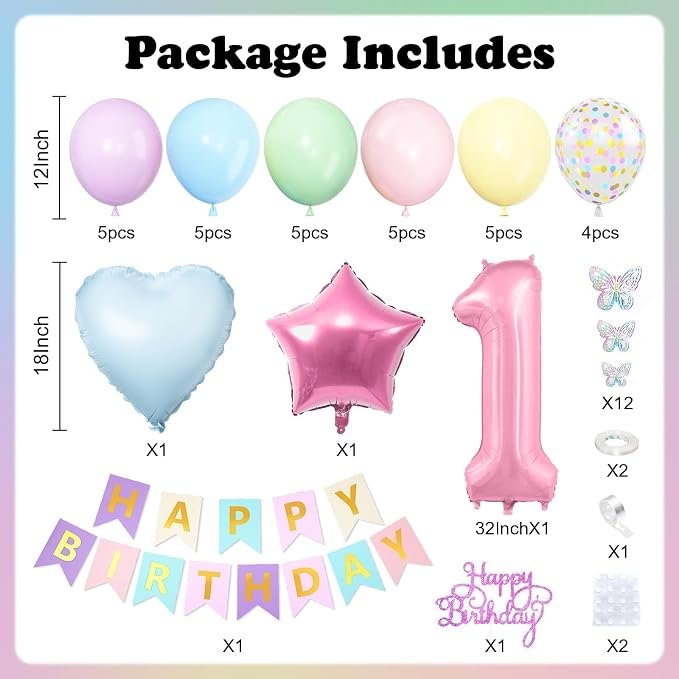 1st Pastel Rainbow Birthday Decorations for Girls,Macaron Pink Blue Purple Green Yellow Colorful Confetti Balloons Banner Star Heart Number 1 Foil Balloon Butterfly Stickers Easter Decor