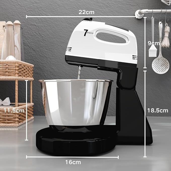 Stand Mixers, 7 Speeds With 3QT Stainless Steel Bowl, Stand and Hand Mixer with Dough Hook, Whisk, Mixing Beater for Baking, Cake, Cookie, Kneading (Black)