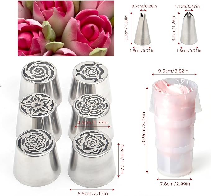 9Pcs Extra Large Russian Piping Tips Set, Stainless Steel Rose Flower Nozzles for Cake Decorating Baking Tools, Includes 6 Extra Large Flower Tips, 2 Leaf Tips, 1 Piping Bag Adapter