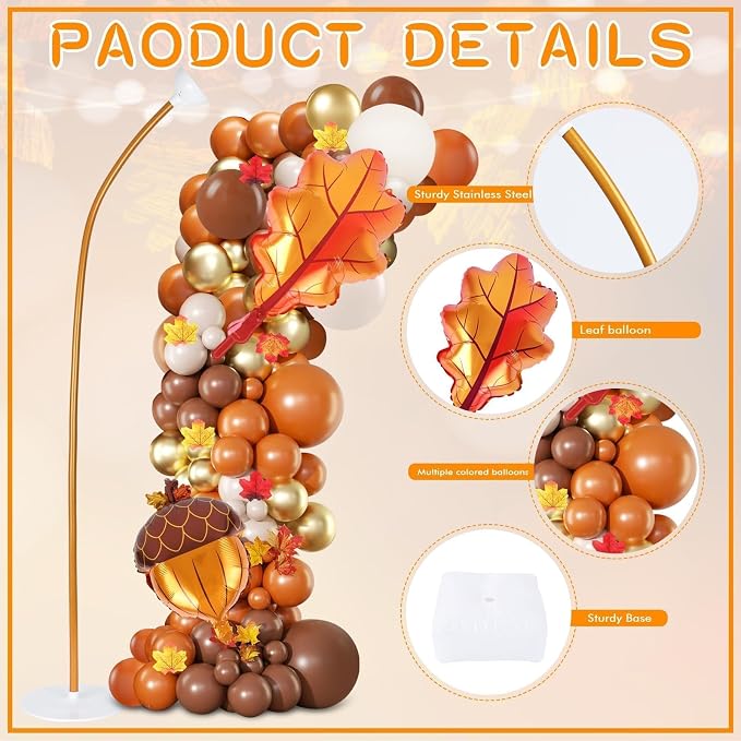 2 Set Fall Balloon Arch Kit Adjustable Fall Column Stand Thanksgiving Balloon Towers with Pinecone Maple Leaves Balloons for Thanksgiving Autumn Harvest Baby Shower Birthday Party Decoration