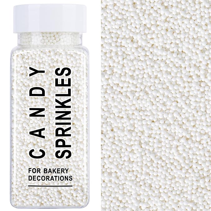 White Nonpareils Sprinkles, 2mm Edible Pearls for Cake Decorating, 4.6oz Mini Sugar Candy Pearls for Baking, Cupcake, Cookie, Ice Cream Toppings, Wedding Party Christmas Valentines Holiday Supplies