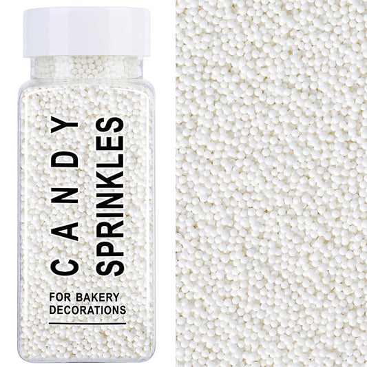 White Nonpareils Sprinkles, 2mm Edible Pearls for Cake Decorating, 4.6oz Mini Sugar Candy Pearls for Baking, Cupcake, Cookie, Ice Cream Toppings, Wedding Party Christmas Valentines Holiday Supplies