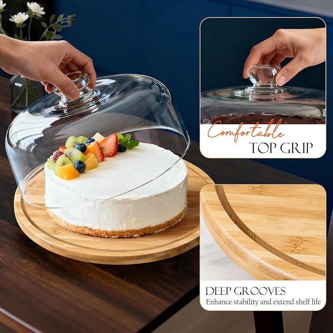 Masthome 11 IN Cake Stand with Lid, Bamboo Wood Rotating Cake Holder with Dome, BPA Free Cake Dish with Cover, Cake Plate with Cover for Birthday/Kitchen/Party/Weddings