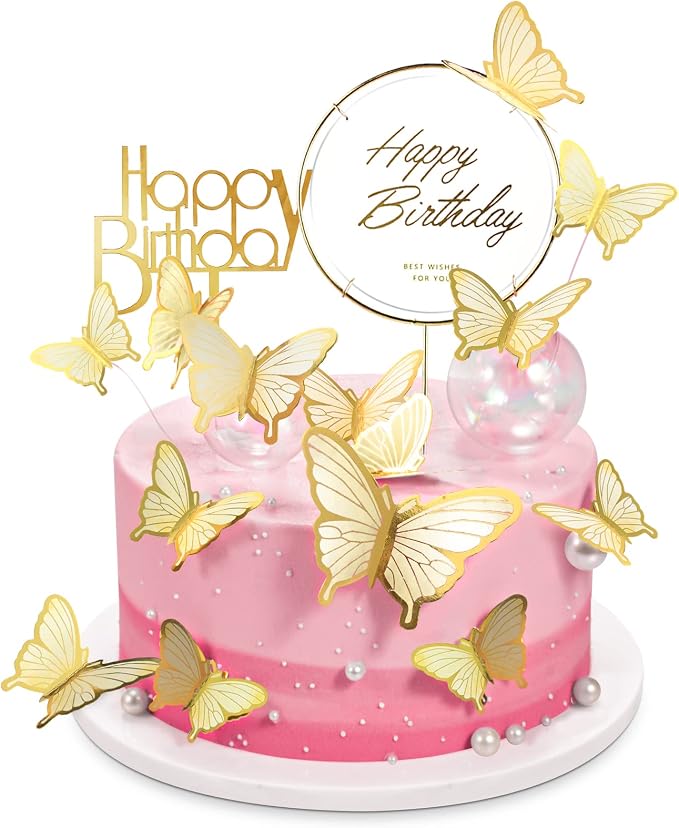 22-Pieces Butterfly Cake Decorations With Happy Birthday Acrylic Cake Toppers for Baby Shower Wedding Birthday Party Decor (Beige)