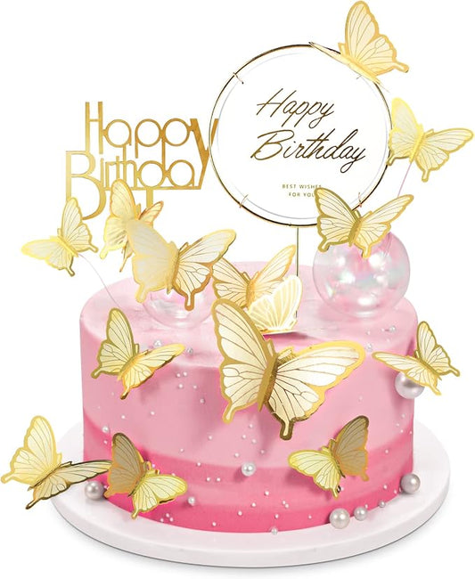 22-Pieces Butterfly Cake Decorations With Happy Birthday Acrylic Cake Toppers for Baby Shower Wedding Birthday Party Decor (Beige)