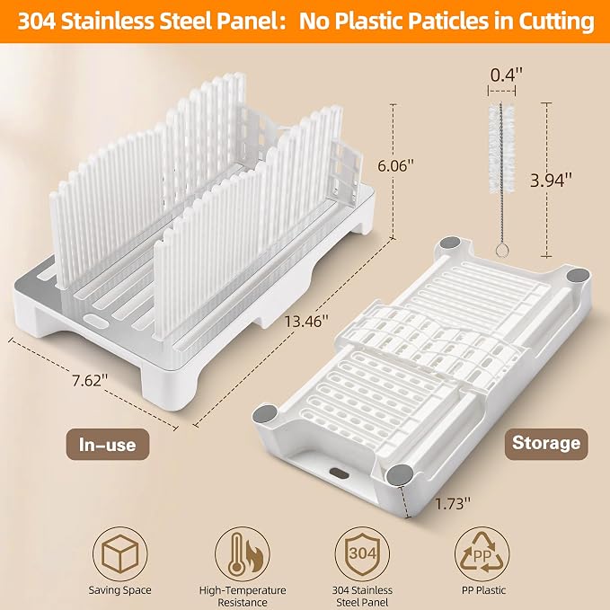 Bread Slicer for Homemade Bread; Sourdough Slicing Guide with Stainless Steel Base.Foldable&No Plastic Remain&Easy Cleaning; Adjustable Loaf&Bagel Cutter Guide for Even 0.4'-1.2' Slices