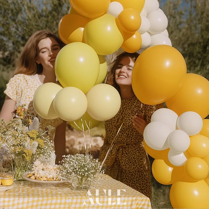 AULE Yellow Balloon Arch Kit 155Pcs Mustard Macaron Yellow White Balloons Garland for Sunflower Birthday Bee Graduation Anniversary Gender Reveal Baby Shower Theme Party Decoration