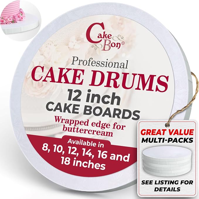 Cakebon Round Cake Boards - Sturdy 1/2 Inch Thick Cake Drums - 12 Inch Professional Base Para Pastel Fully Wrapped Edges White 12-Pack