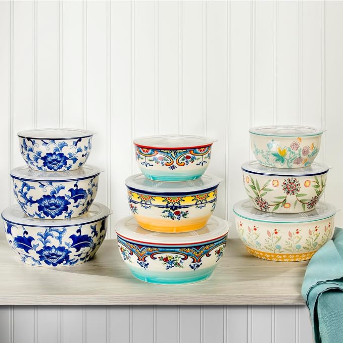 Euro Ceramica Ella 3 Piece Nesting Storage Bowls Set with Lids Assorted Multicolor Asian Floral Design, 82Fl oz