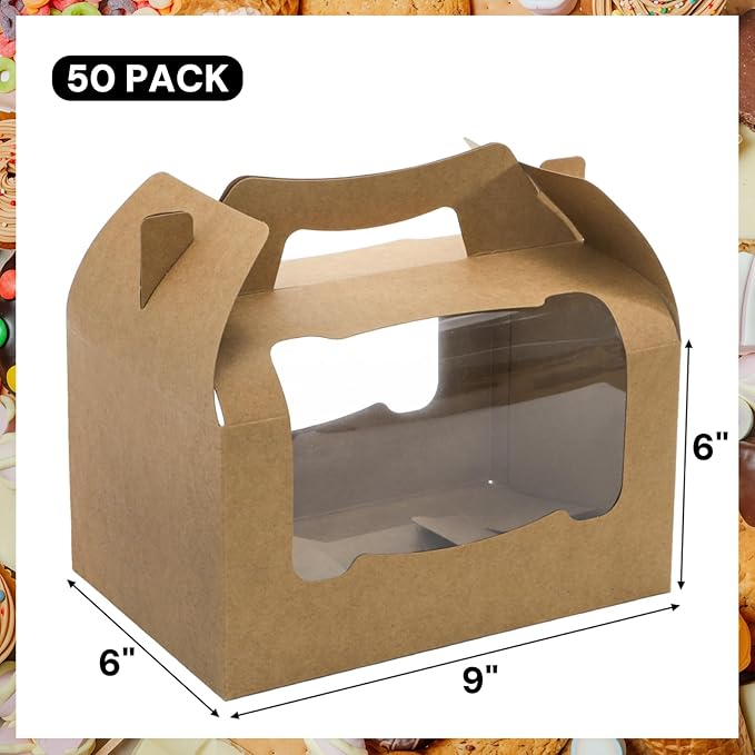 50 Pack Large Gable Box with Window, 9"x6"x6" Kraft Paper Party Favor Treat Box, Goodie Gift Boxes with Handle, Lunch Togo Boxes for Christmas Birthday Wedding Picnic Bakery Catering