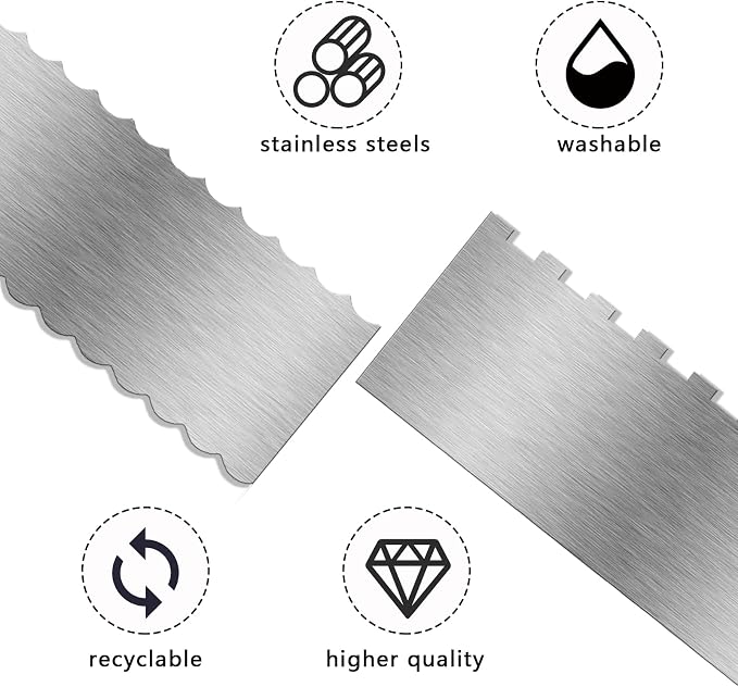 2 Piece 9 Inch Stainless Steel Cake Scraper, Cream Cake Scraper Sided Patterned Edge Stripe Edge Smoother Scraper Cake Smoother Frosting Scraper Cake Decorating Comb for Mousse Butter Cream