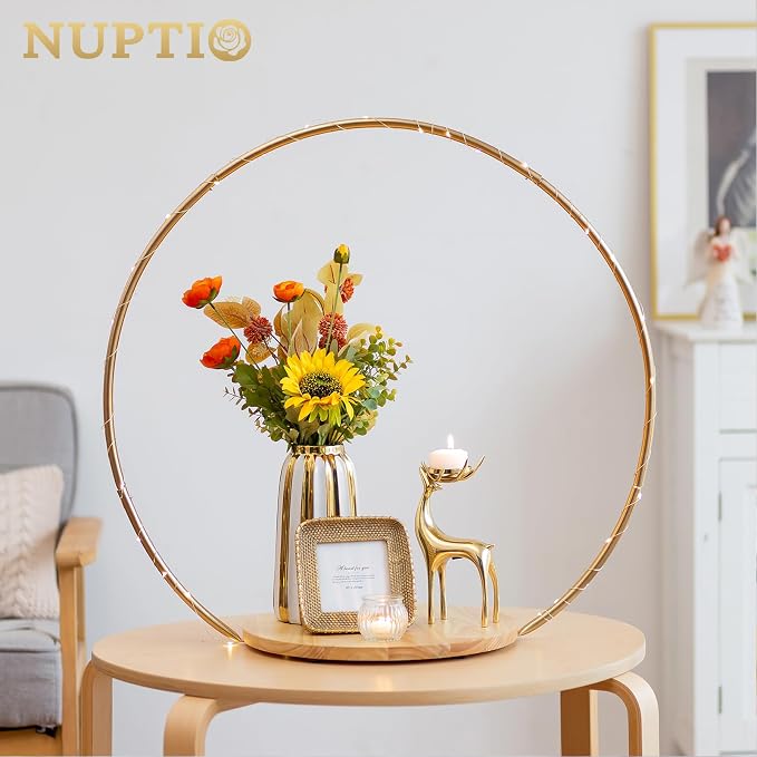 NUPTIO Wedding Cake Stand Pedestal: 14.2 Inch Cupcake Display Wooden Floral Arch Stands with Gold Metal Hoop Table Centerpieces Decoration for Birthday Tea Party Banquet Christmas Anniversary