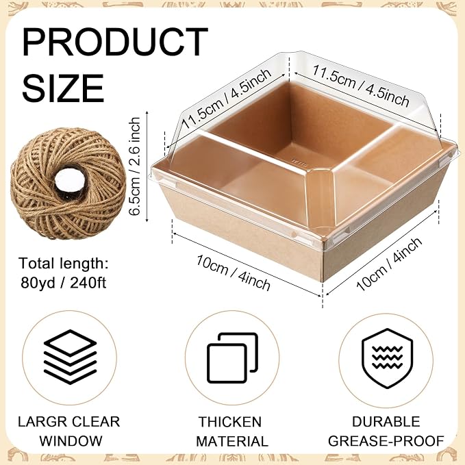 Jetec 300 Pack Charcuterie Boxes with Clear Lids and Rope 4 Inches Cake Disposable Square Dessert Food Box Containers with Lids for Bakery Macaron Cookies Strawberries Fruits Display (Kraft)