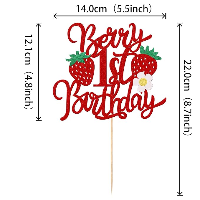 1 PCS Berry 1st Birthday Cake Topper with Flower Glitter Sweet Fruit Theme First Birthday Strawberry One Cake Pick for Strawberry Theme Baby Shower Kids 1st Birthday Party Cake Decorations Supplies