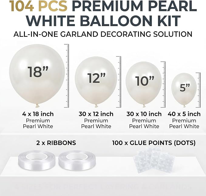 104pcs Pearl White Balloons Different Sizes Pack - 18/12/10/5 Inch Pearl Latex Balloons Garland Arch for Birthday, Wedding, Bridal Shower, Valentines Day Party Decoration