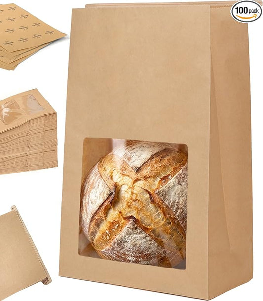 100 Pack Large Thick Brown Kraft Paper Boule Bread Bags for Homemade Sourdough Round Artisan Loaf Gifting, Packaging and Storage to Keep Fresh with Window and Wire Tin Tie Tab Closure, 13.6x8.3x4.1in