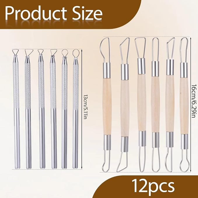 12PCS Double-Sided Clay Sculpting Tools, Wooden Handle Clay Carving Tools Clays Wire Loop Sculpture Set Clays Pottery Sculpting Tool Set for Ceramic, Carving Modeling