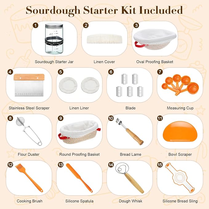 Sourdough Starter Kit – 10" Round + 9" Oval Banneton Baskets, Lame & Jar | Complete Bread Baking Supplies Set with Liner, Scraper, Whisk, Duster, Sling & Measuring Cups – for Bakers, Artisan Loaves