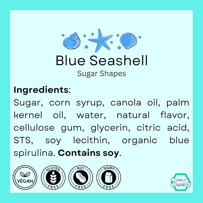 15 Dye Free Seashell Edible Cake Decorations, Vegan, Gluten-Free, Edible Cake Toppers for Cupcakes, Cookies & Desserts, by Simply Sucré (15 Pieces (Gift Box), Blue)