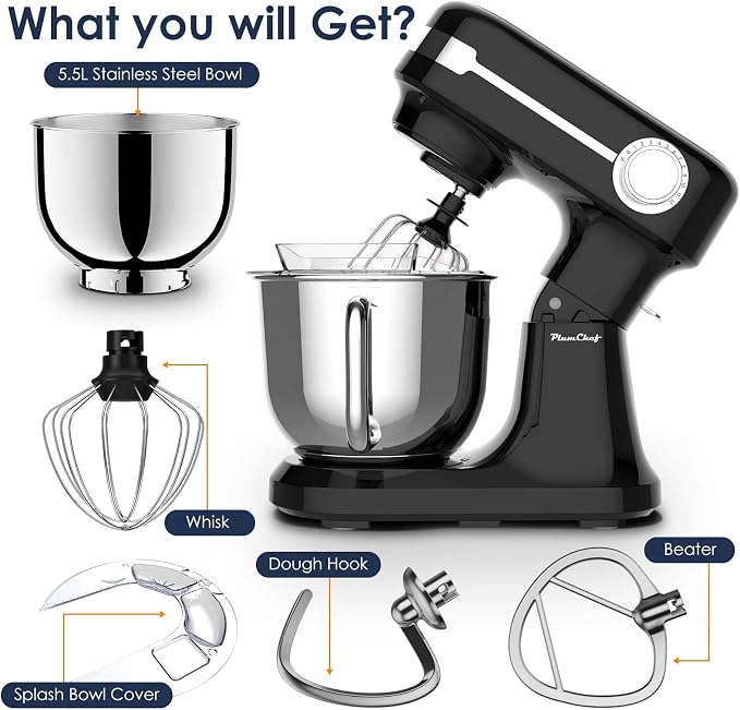 HRVEOCEI 5.5QT Kitchen In The Box Stand Mixer For Baking, Electric Spiral Mixer With Dough Hook, Wire Whip & Beater,350W 12-Speed Tilt-Head Food Mixer, Grey (Black)
