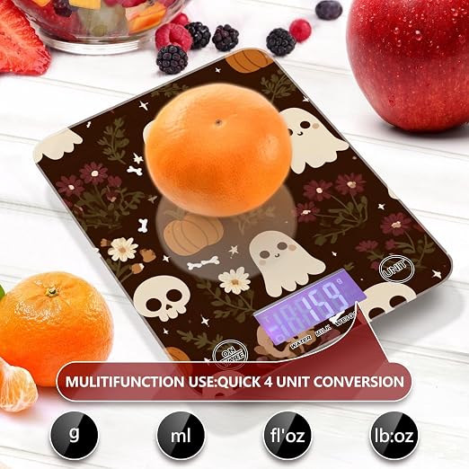 Food Scale Kitchen Digital Scale Food Ounces and Grams Dieting Baking Cooking Waterproof Glass Panels LCD Display,4 Units Scale Tare Function Halloween Fall Skull