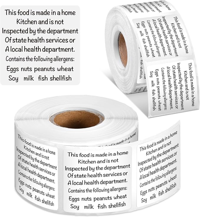 500 Count Cottage Food Law Labels Stickers Made in a Home Kitchen Decal 1.5” Square Food Thermal Printed Stickers with Allergen Warning for Home Kitchen Bakery Bread Sourdough